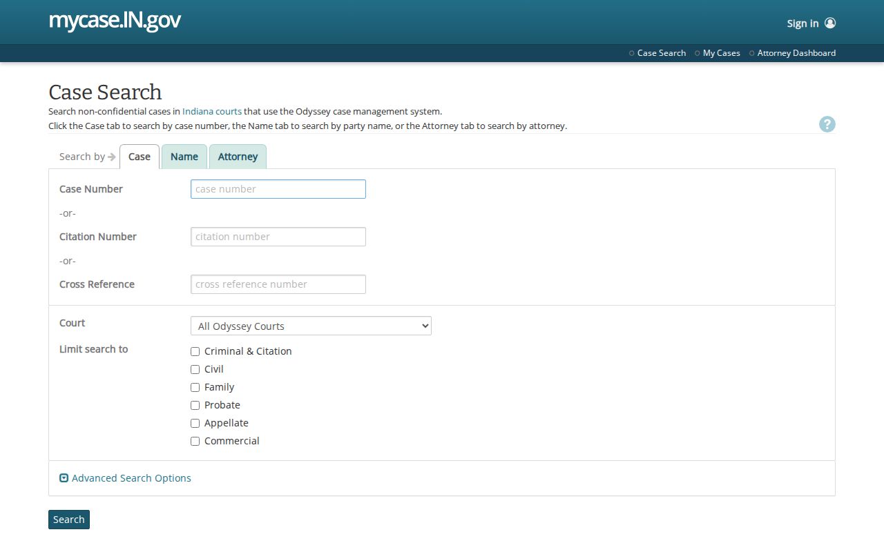 Indiana MyCase portal for a Clark County docket search