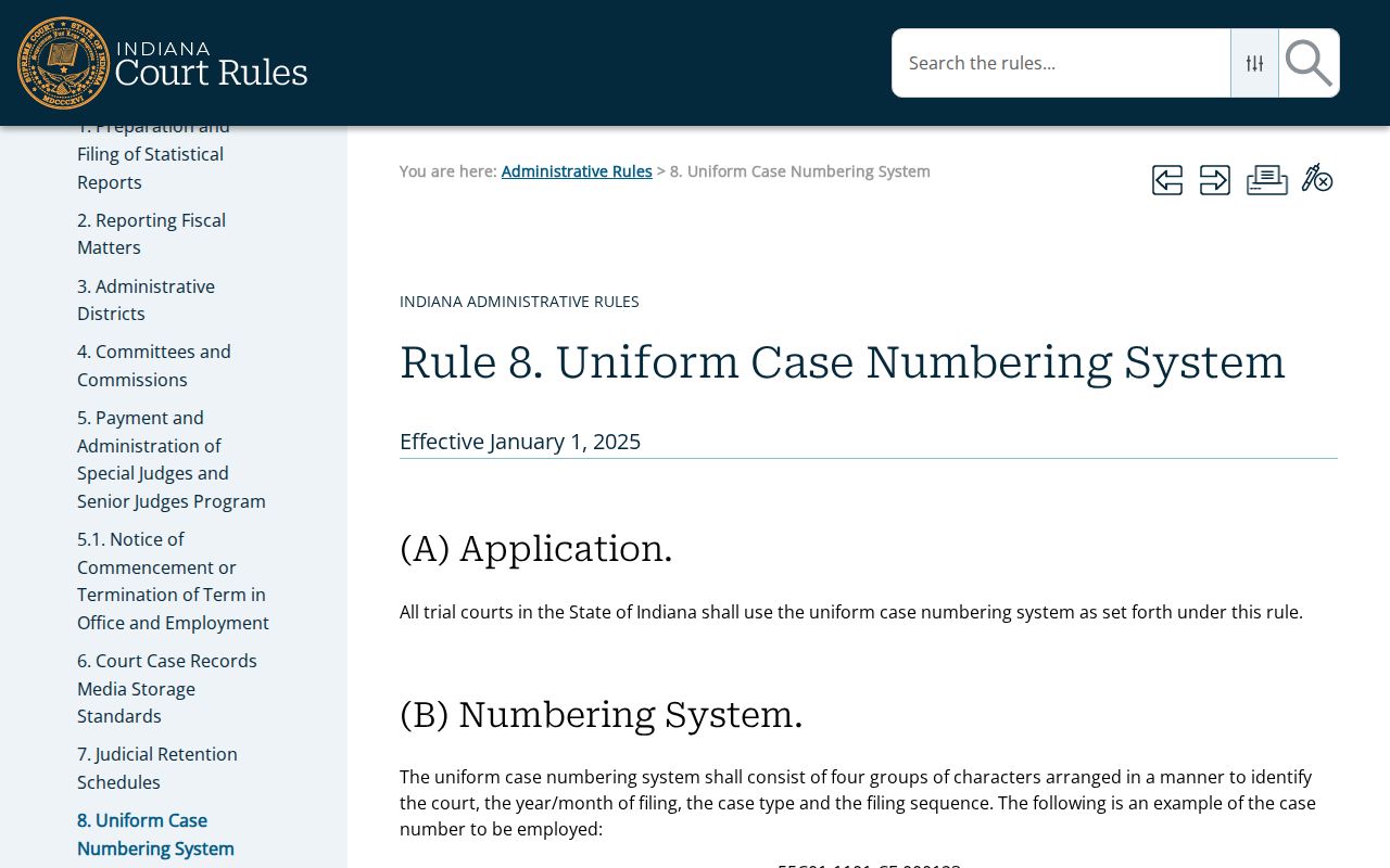 Indiana Administrative Rule 8 case numbering for Clark County civil court dockets