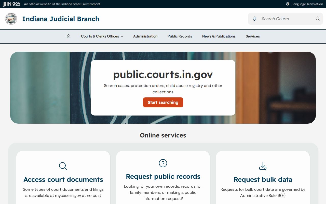 Indiana public records page used for Clark County criminal docket access