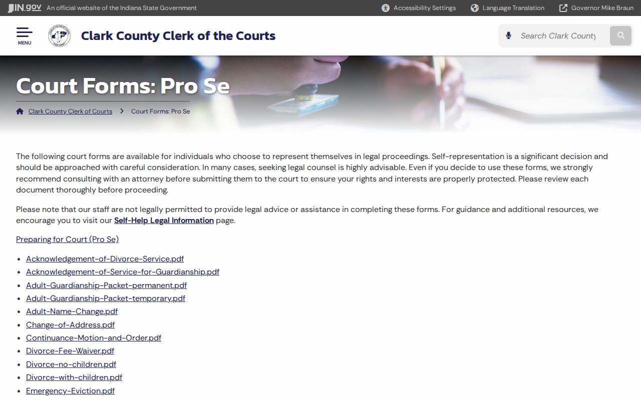 Clark County Clerk self-represented litigant forms page