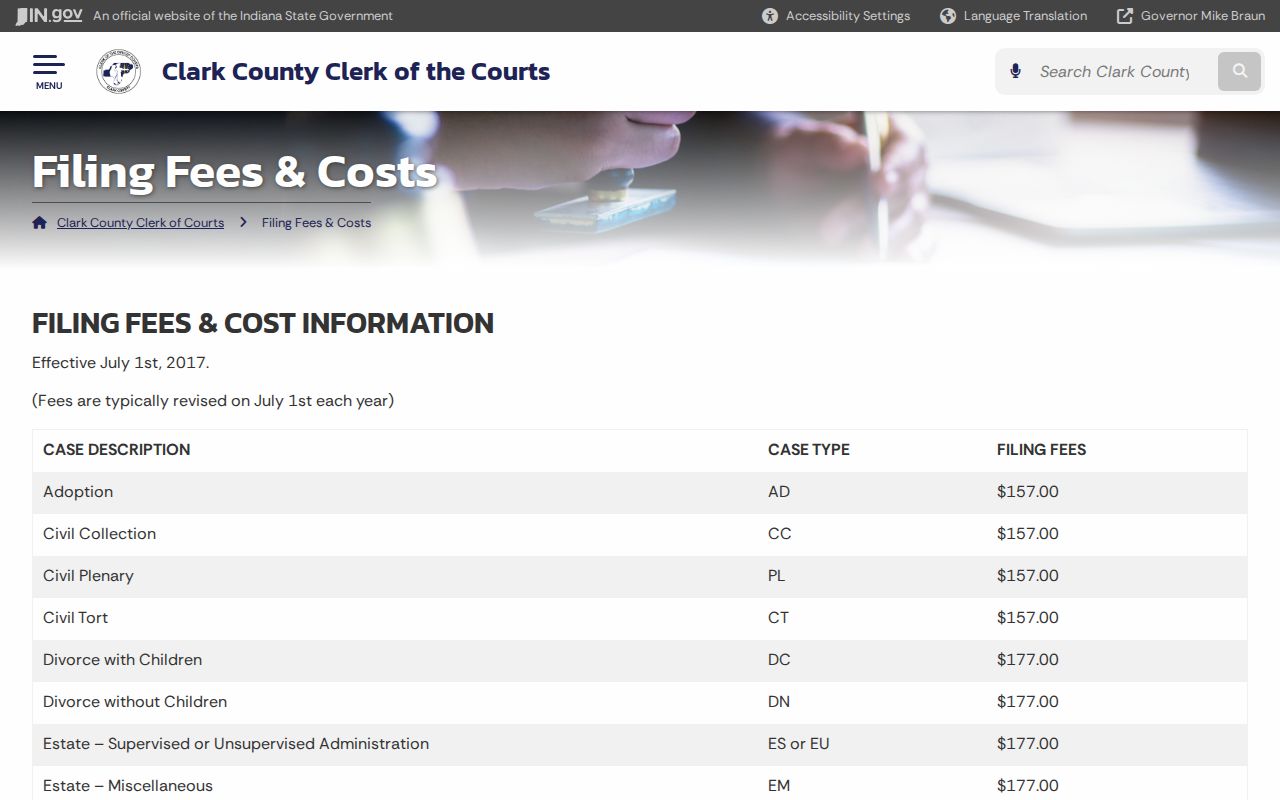 Clark County Clerk filing fees and court costs schedule